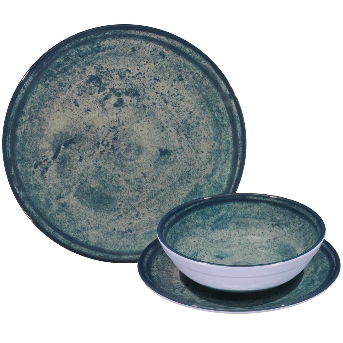 Melamin Geschirr Set Mondgranit Blau-Grau Edelstahl Thermo Tassen Garten