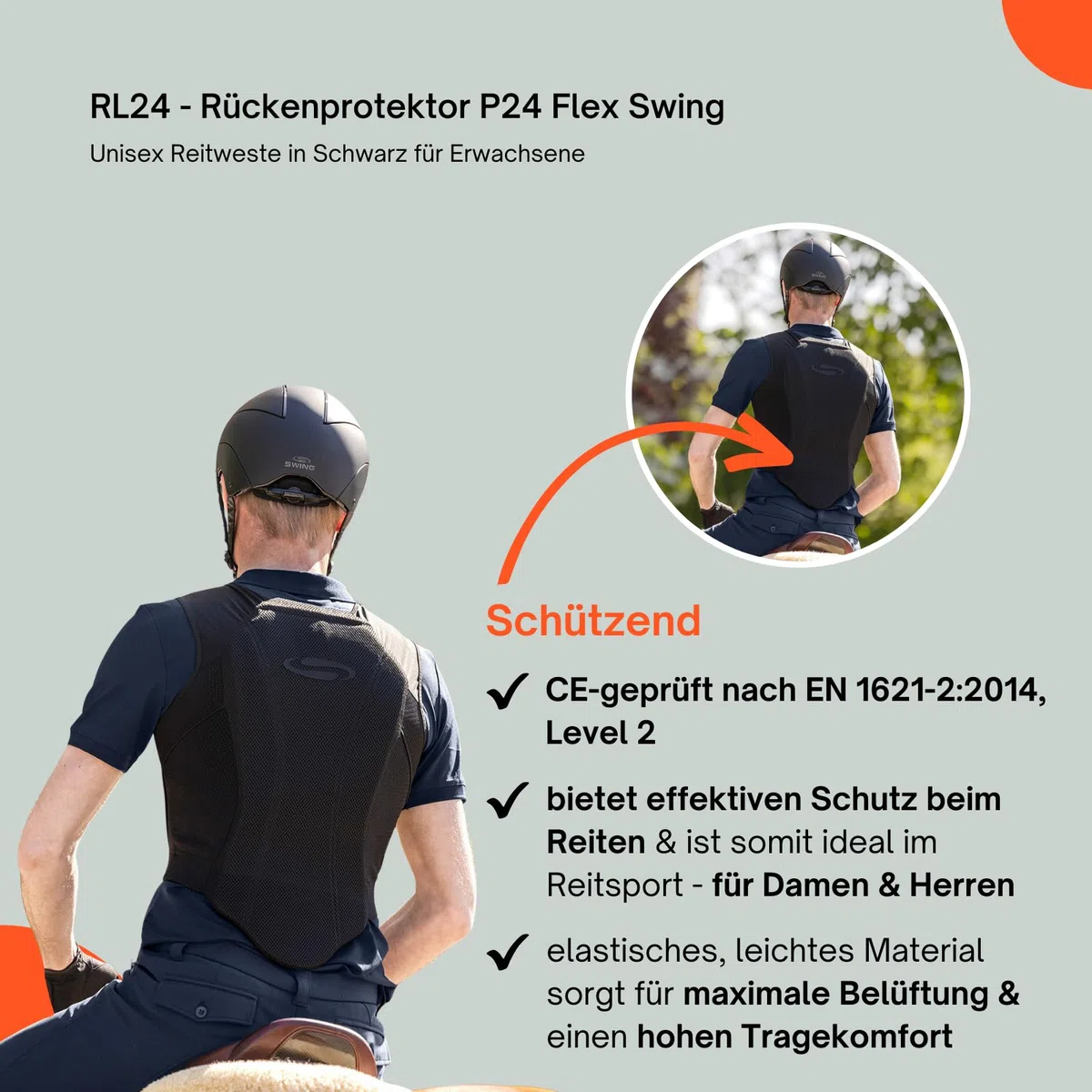 RL24 - Rückenprotektor P24 Flex Swing – Protektorenweste – Reiter Schutzweste – atmungsaktiv & leicht – automatische Weitenregulierung – Unisex Reitweste in Schwarz für Erwachsene