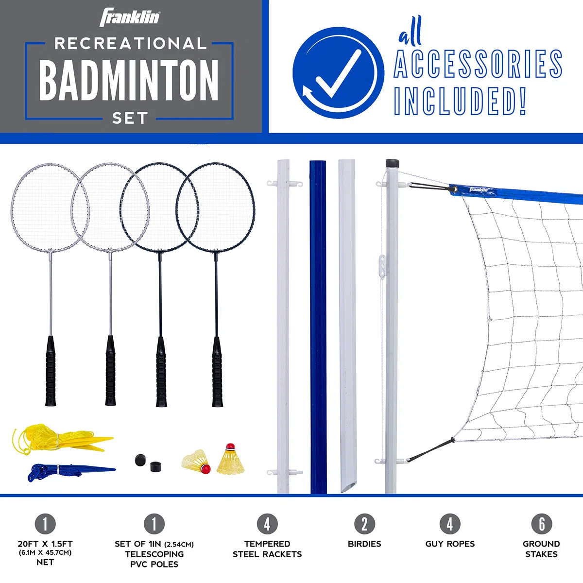 Franklin Sports Tragbares Badminton-Set – Erwachsene und Kinder Badmintonnetz – perfektes Hinterhof-/Rasenspiel – inklusive 4 Schläger – Freizeit
