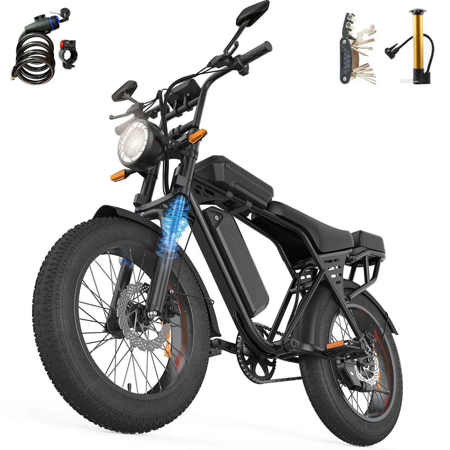 X5 E Bike, 20 x 4 Fat-Reifen Elektrofahrrad Trekkingrad E-Bike Herren Damen mit 48V 15AH Akku, 250W Motor, 80 km Reichweite Pedelec Citybike EBike mit Fahrradtasche für Erwachsene