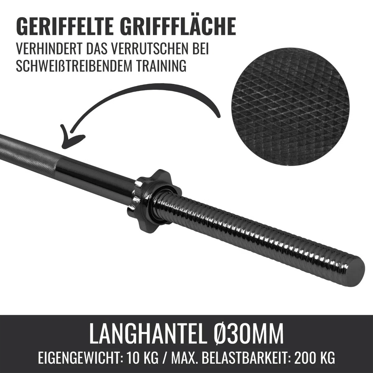 GORILLA SPORTS® Langhantelstange - 170cm, mit 2 Sternverschlüssen, 30mm, bis 200kg belastbar, Griff gerändelt, rutschfest, Chrom, Silber/Schwarz - Hantelstange, Langhanteln, Langhantel-Stange