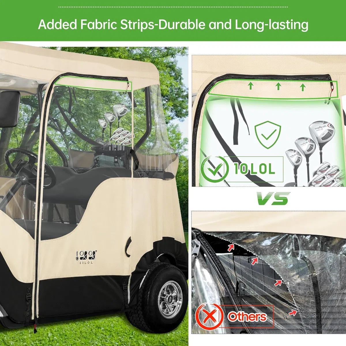 10L0L Golfwagen-Gehäuse für 2 Beifahrer für EZGO TXT RXV, wasserdicht, tragbar, fahrbar, Golf-Buggy-Aufbewahrung, Reise-4-seitiges Gehäuse, Beige