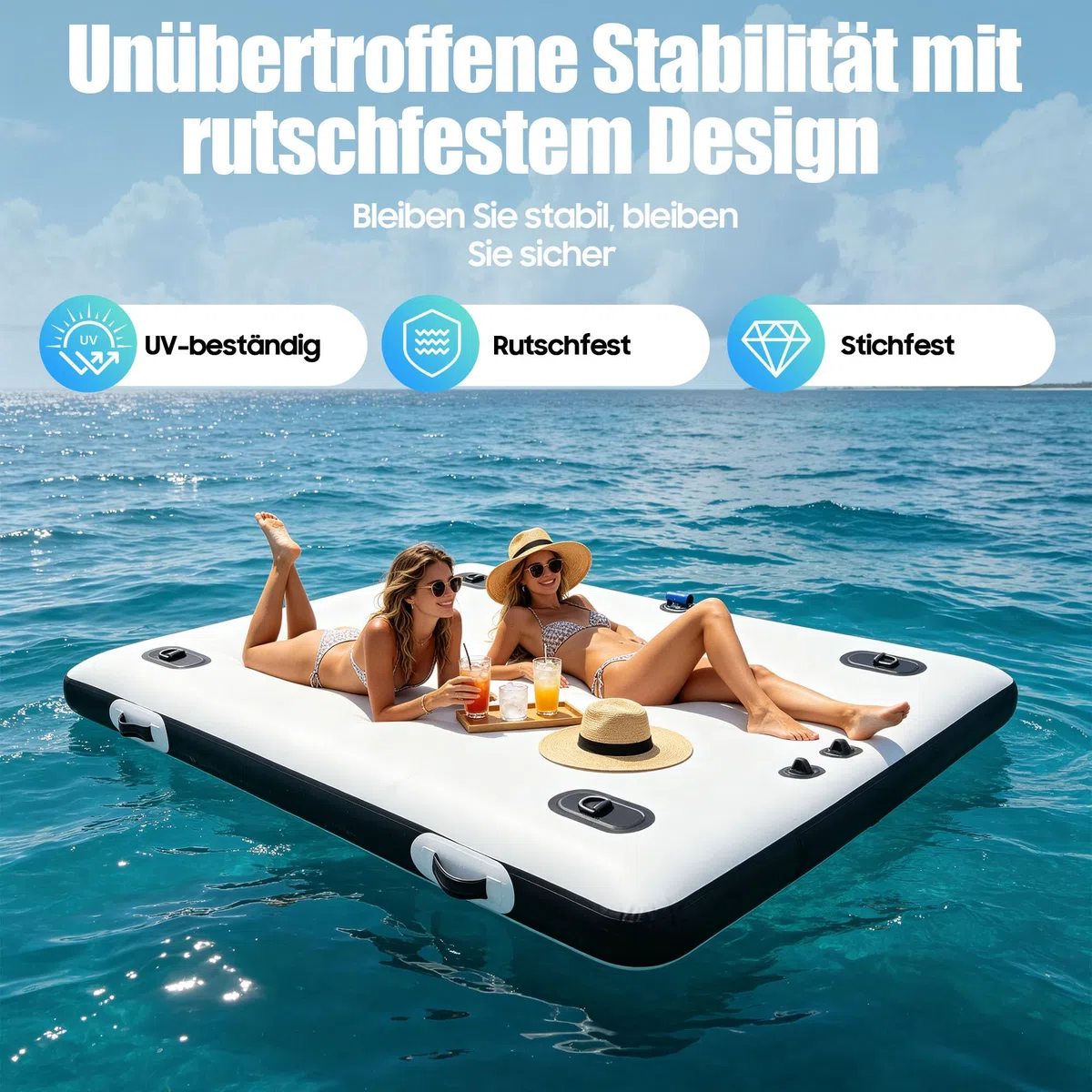 Aufblasbare schwimmende Plattform, 2 x 1,5 m PVC Schlauchboot für Angler, Fishing Plattform mit 2 Rudern und Luftpumpe, Tragkraft 400 kg, für See Schwimmbad Yoga Weiß Schwarz