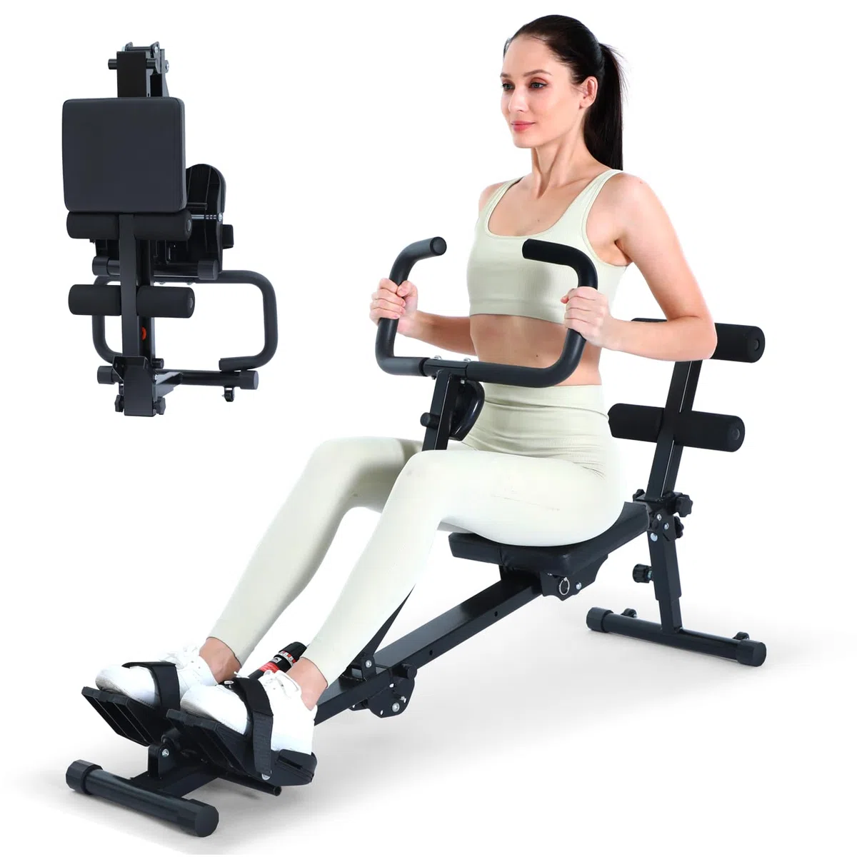 Rudergerät für Zuhause, Sportneer Hydraulisches Rudergerät klappbar mit 12 Widerstandsstufen, Fitnessgerät für Zuhause, Bauchtrainer mit U-Griff & Rückenlehne, bis zu 135 kg belastbar