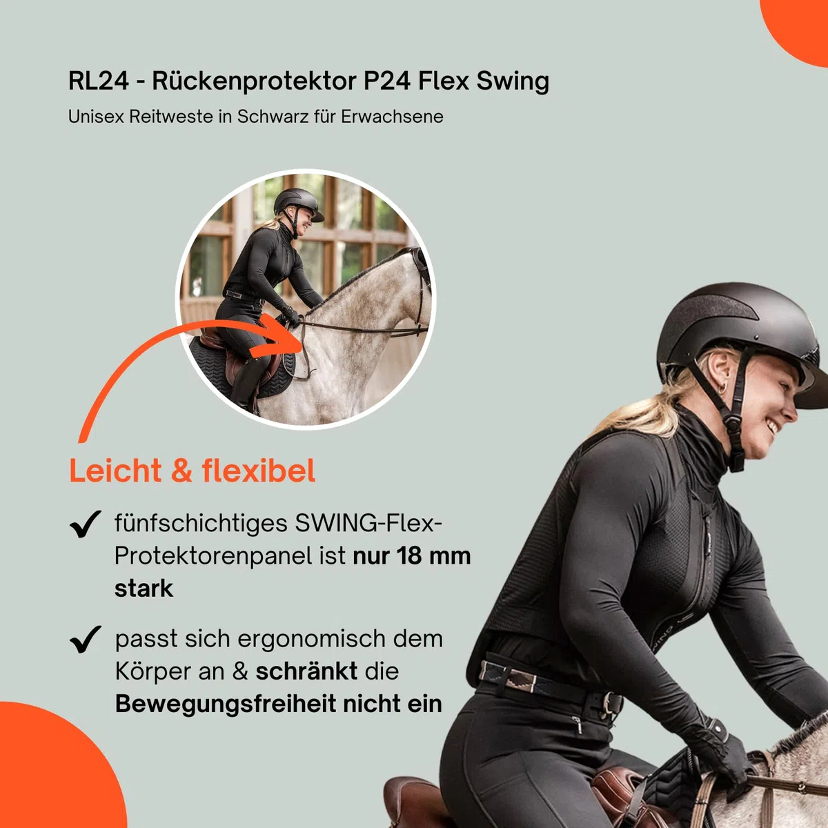 RL24 - Rückenprotektor P24 Flex Swing – Protektorenweste – Reiter Schutzweste – atmungsaktiv & leicht – automatische Weitenregulierung – Unisex Reitweste in Schwarz für Erwachsene
