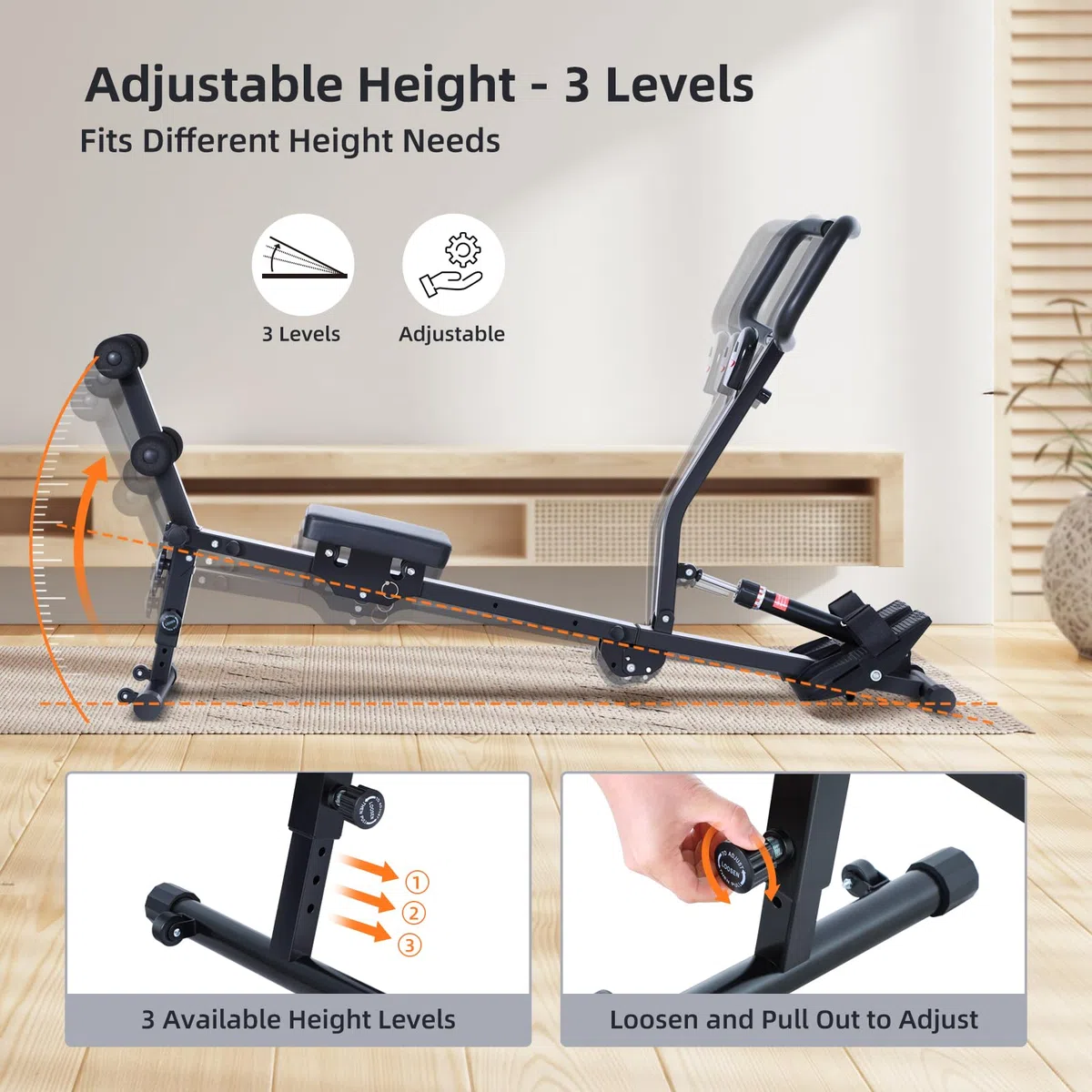 Rudergerät für Zuhause, Sportneer Hydraulisches Rudergerät klappbar mit 12 Widerstandsstufen, Fitnessgerät für Zuhause, Bauchtrainer mit U-Griff & Rückenlehne, bis zu 135 kg belastbar