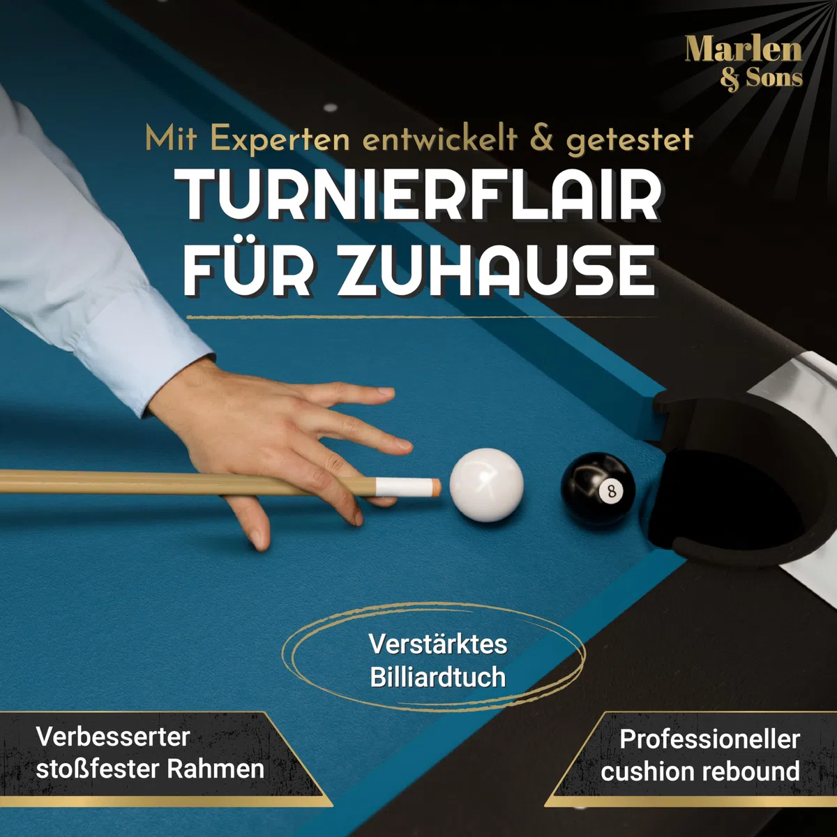 Marlen & Sons Billardtisch - CueMaster 8FT Billiard Tisch mit Auto Kugelrückführung - Billiardtisch 244 x 132 cm inkl. Zubehör-Komplettset