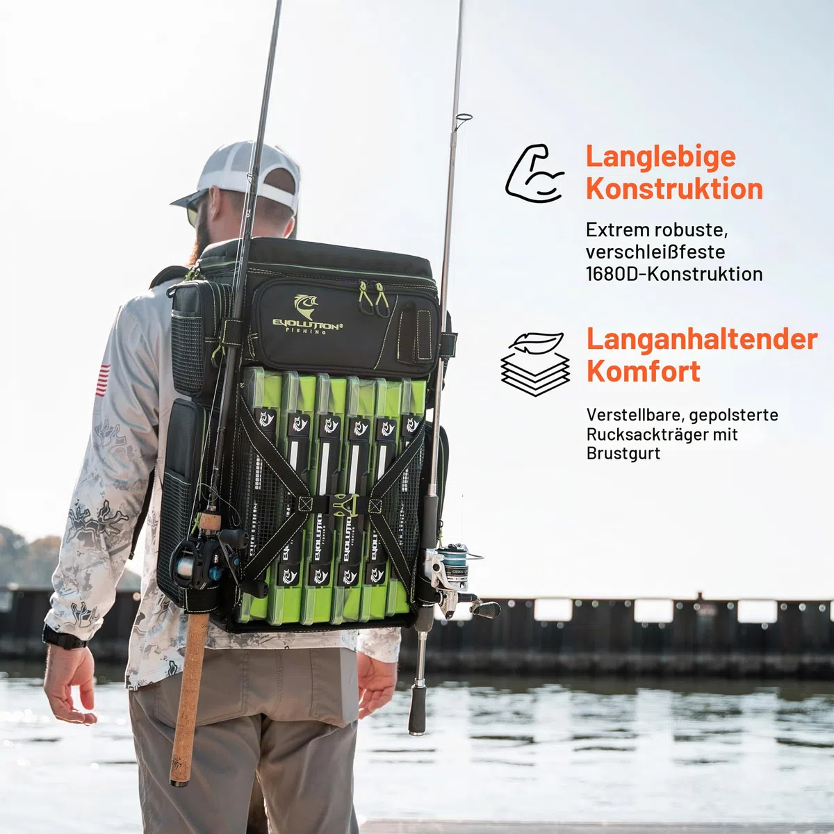 Evolution Fishing Drift-Serie 3700 Angelrucksack mit QuikLatch-System und 2 Rutenhaltern, robust, mit 6Tackle-Boxen, Grün