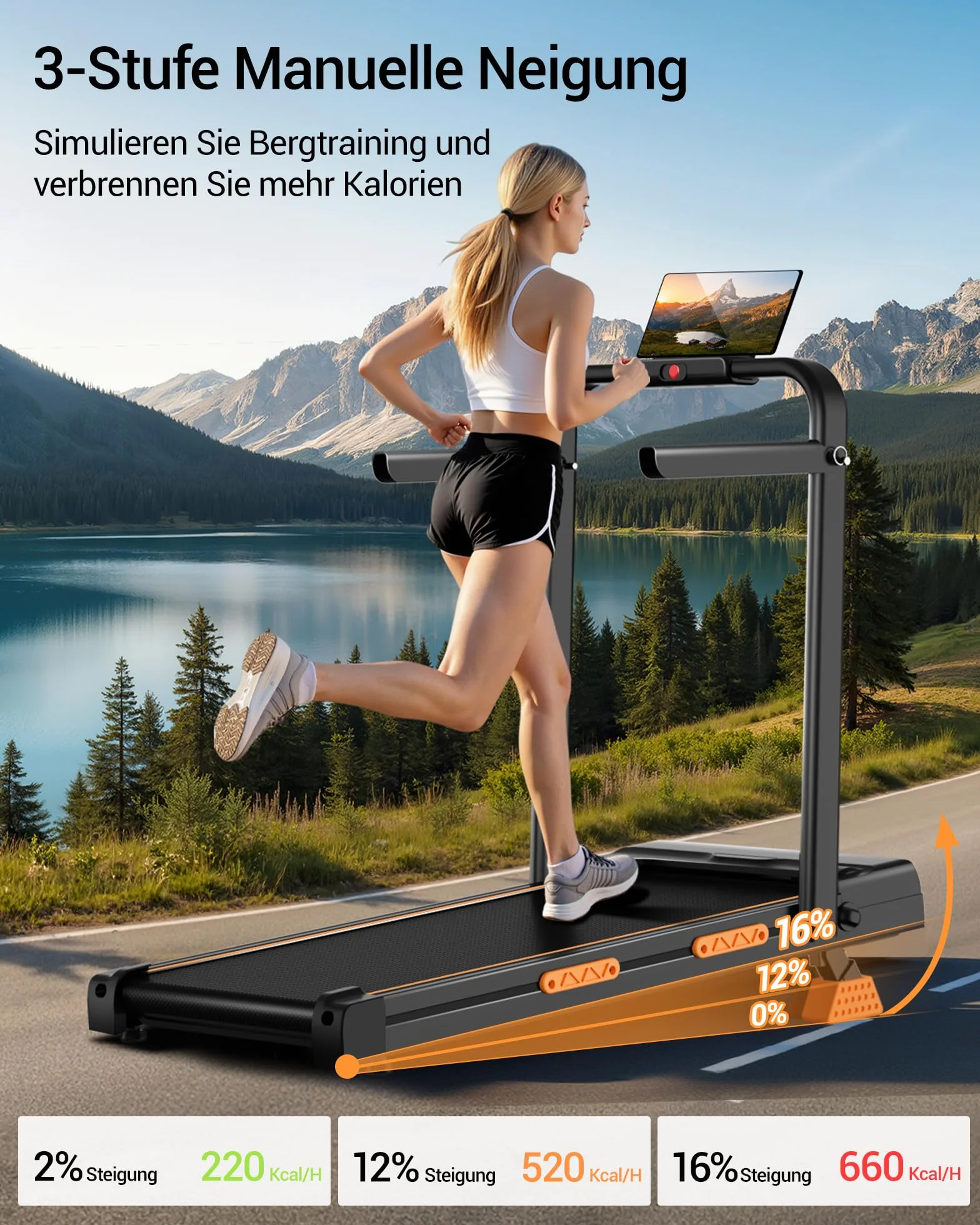 LONTEK Walking Pad mit Steigung 16%, 10KM/H Laufband für Zuhause mit Steigung, LED Anzeige, Fernbedienun, 3.0HP Leise Kleines Walking Machine für Zuhause und Büro, Belastung 159KG
